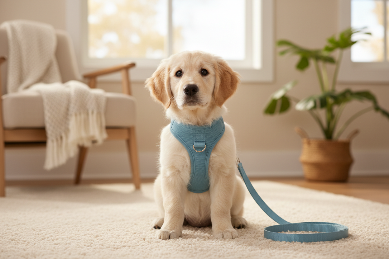 Welpe mit baby blauem Geschirr-Set